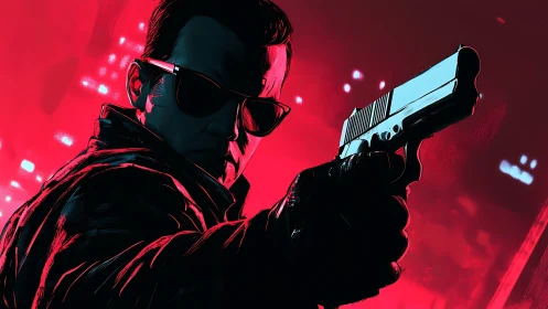 Neon soaked vigilante holds a gun with cool steady focus