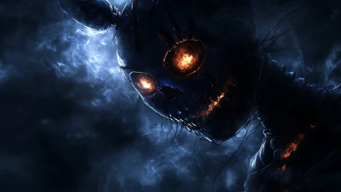 Burning eyed skeletal creature in dark smoky void.