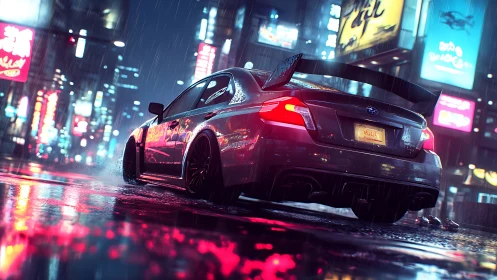 Tuned sedan drifts through wet neon city street at night