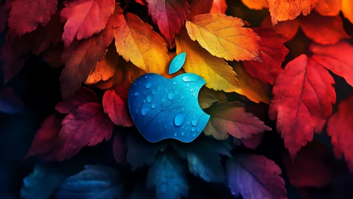 Blue apple emblem on multicolored autumn foliage backdrop.