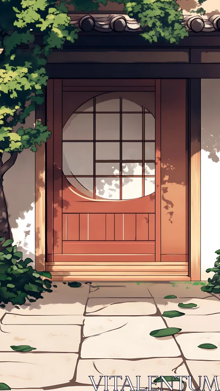 Sunlit garden shoji door framed by climbing emerald vines.