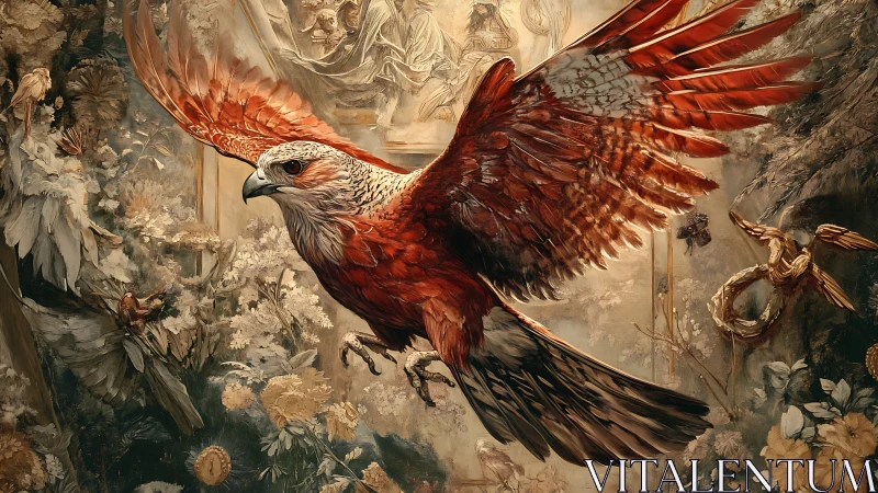 Majestic Red Hawk in Flight Amidst Vintage Floral Background.