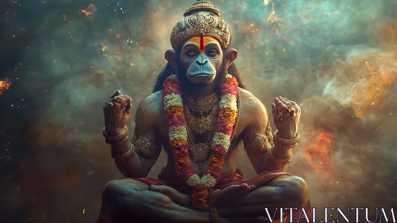 Serene monkey deity in glowing cosmic meditation pose.