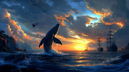 Whale breaching near sailing ships at illuminated sunset seascape.