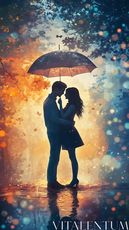 Silhouetted Couple Under Black Umbrella in Warm Bokeh Rain Scene