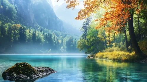 Mountain lake reflects forest shoreline under autumn light