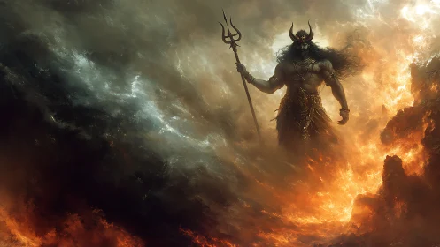 Horned fire god strides through infernal storm clouds
