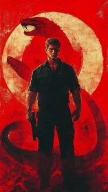 Armed operative silhouetted against coiled serpent emblem in red field
