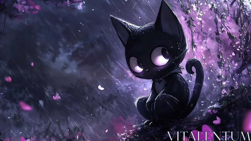 Moonlit emo kitten in violet rain and falling hearts.