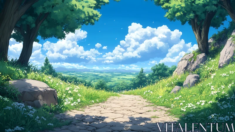 Sunlit country path opening onto a peaceful green valley.