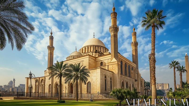 Golden mosque calm under tall palms and a wide blue sky.