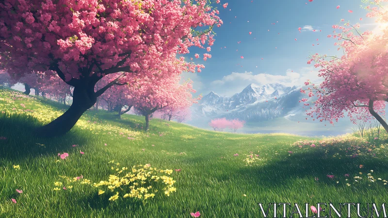 Spring orchard panorama with pink blossom trees and alps.