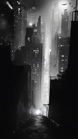 Noir city staircase descends into foglit high‑rise canyon