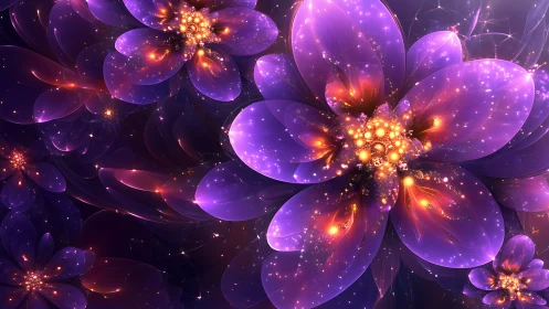 Luminous violet fractal flowers bloom in a glowing cosmos