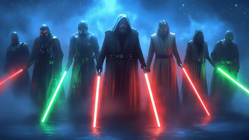 Seven cloaked sci fi warriors holding glowing plasma swords