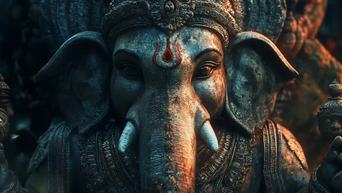 Textured Ganesha deity sculpture in cinematic side lighting.