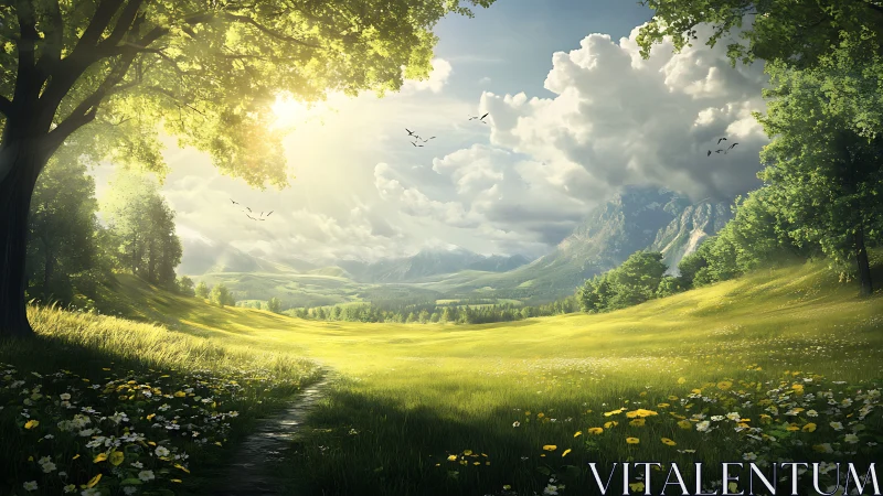 Sunlit valley meadow under trees, clouds, and distant peaks.