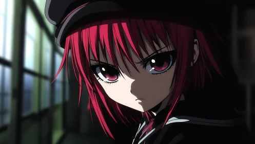 Crimson‑haired anime rebel glares through shadowed hallway.
