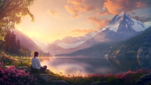 Person meditating by calm lake under glowing mountain sky