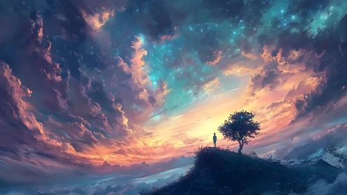 Solitary figure on hill beneath vivid twilight sky.