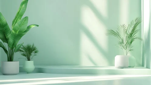 Mint green interior with potted palms under soft directional light