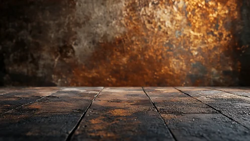 Rustic metallic floor texture against warm corroded wall.