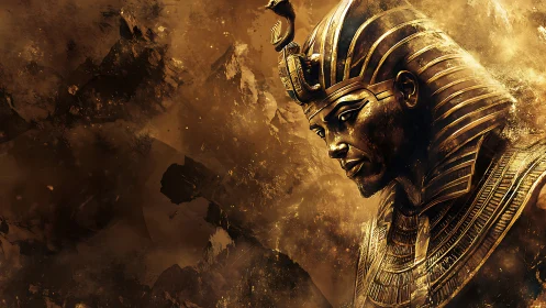 Golden pharaoh bust emerges from textured desert void