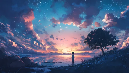 Celestial gradient skyscape with solitary shoreline observer.