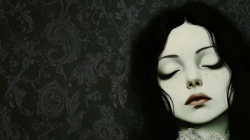 Pale gothic woman rests against dark ornate damask backdrop