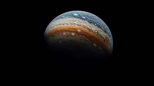Jupiter close-up with swirling blue and orange storm bands.