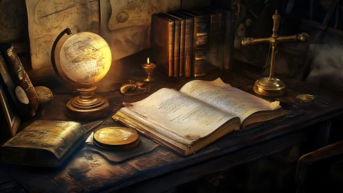 Old wooden desk contains globe, open book, and brass scale