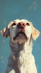Digital portrait depicts light-colored dog against sky background