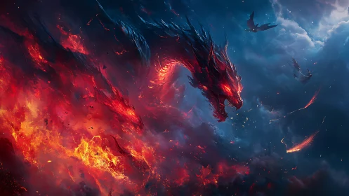 Fiery dragon form emerges within contrasting storm clouds