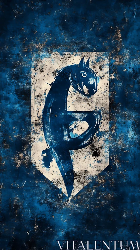 Grungy blue horse crest emblem on distressed background.