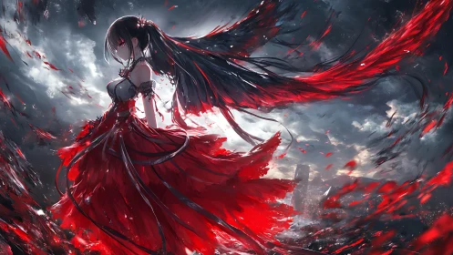 Scarlet-haired anime girl commands a storm of burning petals.