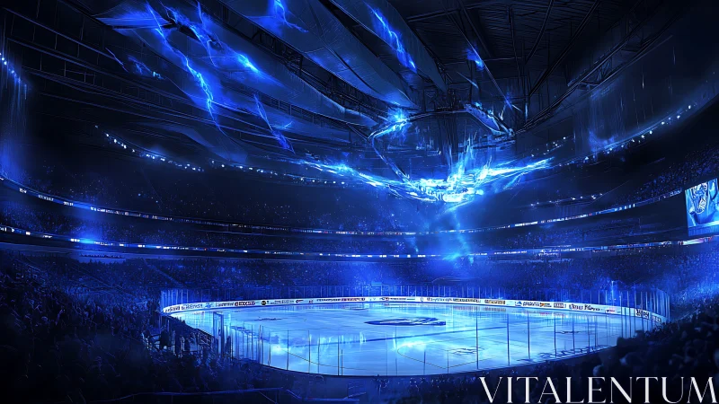 Futuristic ice hockey arena illuminated by dynamic electric aurora