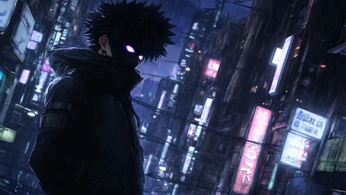 Cyberpunk vigilante in neon-soaked rainy alleyway composition.