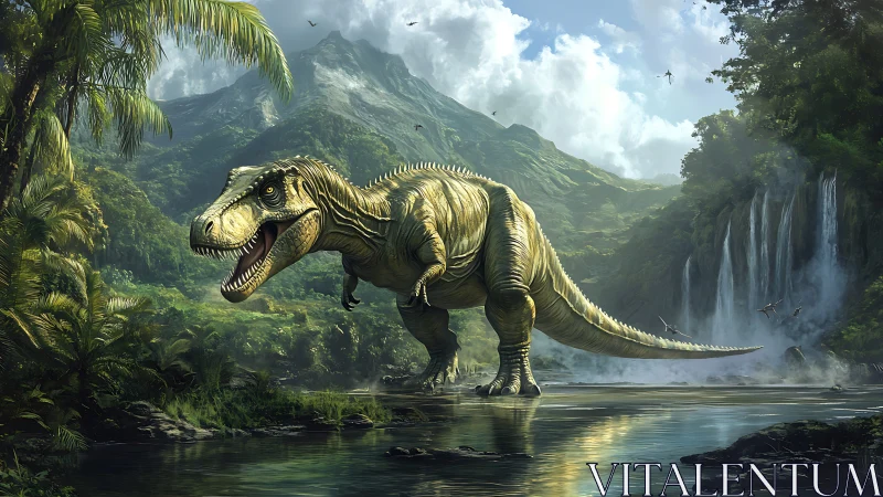Roaring tyrannosaurus strides through lush primeval valley.