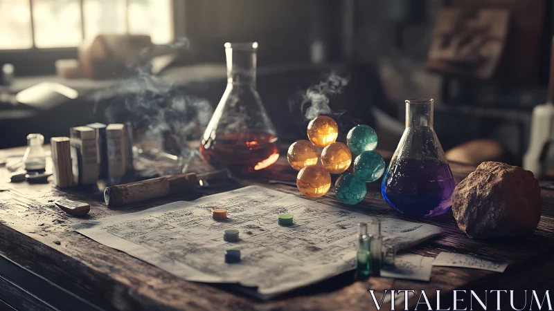 Alchemist laboratory table with steaming colorful glass orbs.