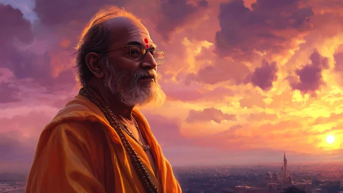 Digital painting portrait with sunset-lit spiritual elder profile.