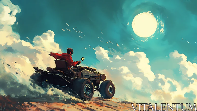 Off-road rider powers through sunlit clouds in painterly sky.