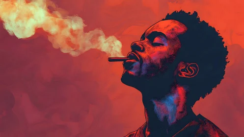 Crimson haze and cool exhale around a neon-lit daydreamer.