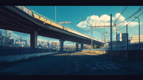 Elevated expressway above a quiet urban service road at dusk.