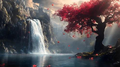 Fantasy waterfall cove with luminous crimson tree composition.