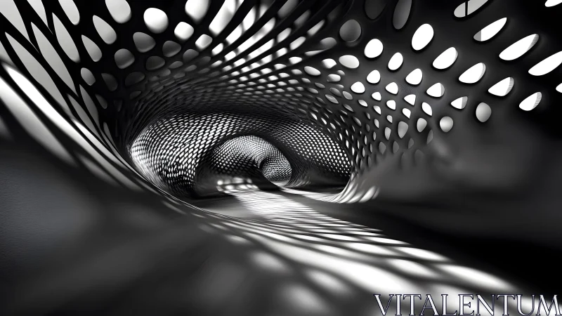 Futuristic tunnel with perforated patterns in black and white abstract style.