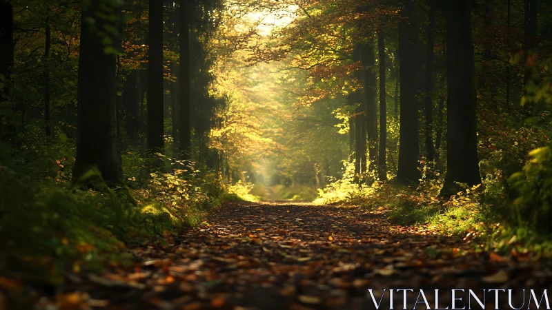 Sunlit Forest Path in Autumn, Tranquil and Atmospheric Scene.