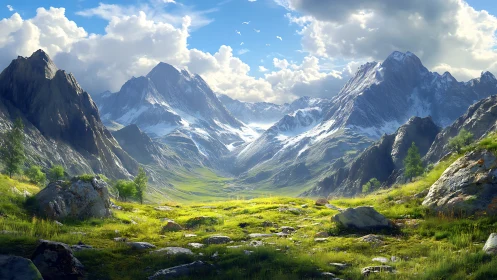 Sunlit mountain valley where bright meadows meet snow peaks.