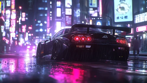 Cyberpunk street racer under neon rain in night cityscape.