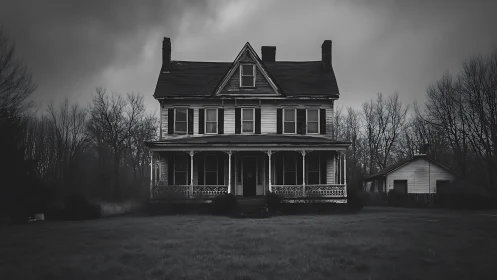Moody old farmhouse under stormy skies invites curiosity.
