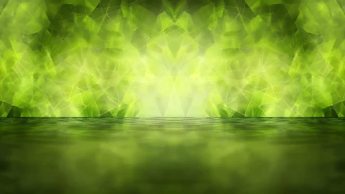 Abstract Green Polygonal Background with Reflective Water Surface.